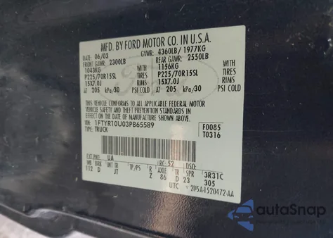 2003 Ford Ranger Edge/Xl/Xlt из США, поврежденный, VIN 1FTYR10U03PB65589